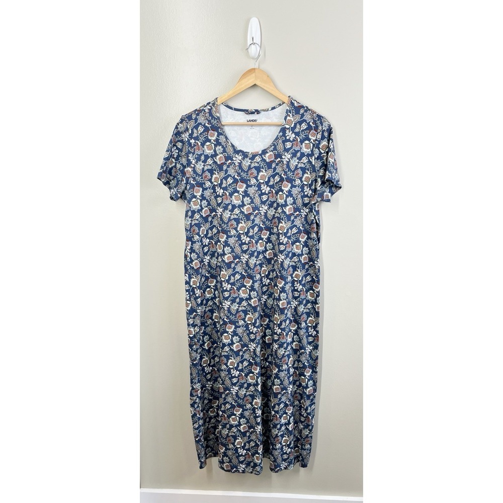 Lands End Floral Midi Dress Blue Stretch Short Sleeve L/T (14-16) Soft Cotton
